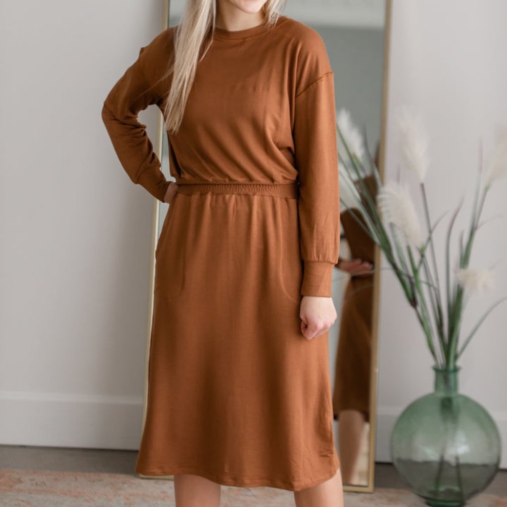Ginger Smocked Waist Long Sleeve Midi Dress Inherit Co